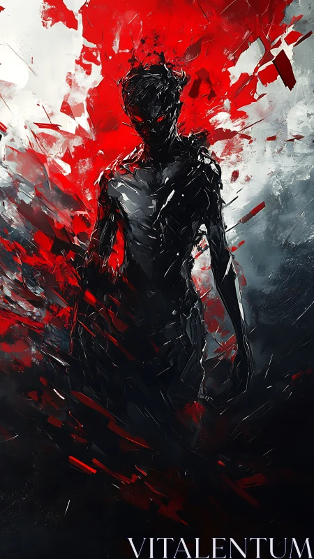 Dark humanoid figure amid red and black abstract burst.