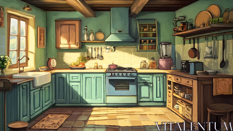 Sunlit rustic kitchen interior with teal cabinets and wood