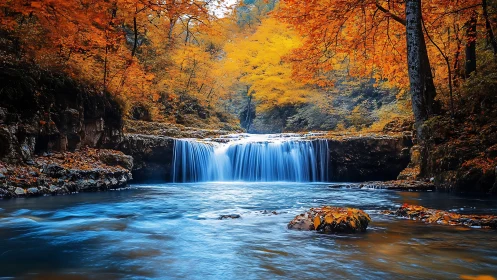 Autumn forest waterfall with silky cascade and cyan river flow.