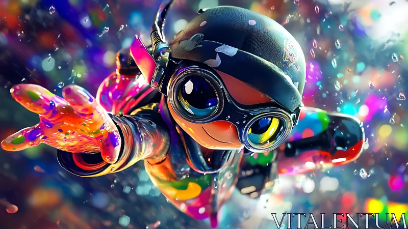 Goggle eyed paint diver surfing a neon splashstorm.