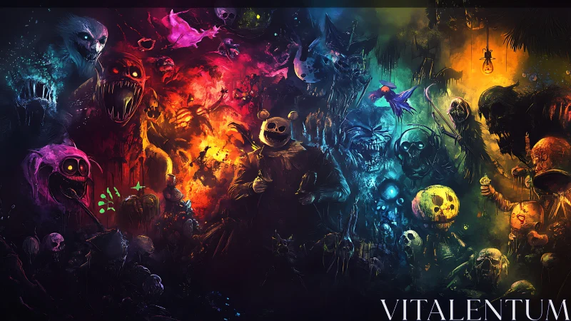 Chaotic horde of neon monsters in dark nightmare scene.