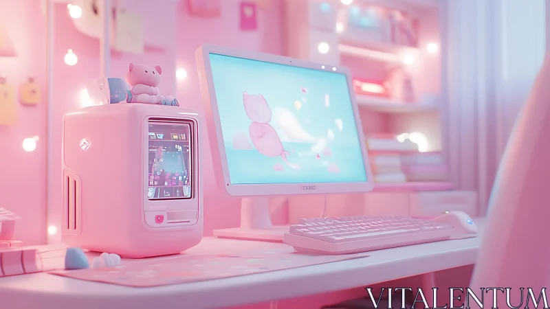 Pastel desktop workstation with kawaii micro-tower PC system.