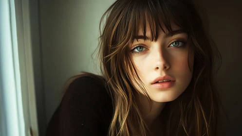 Soft window light portrait in cinematic photorealistic style.