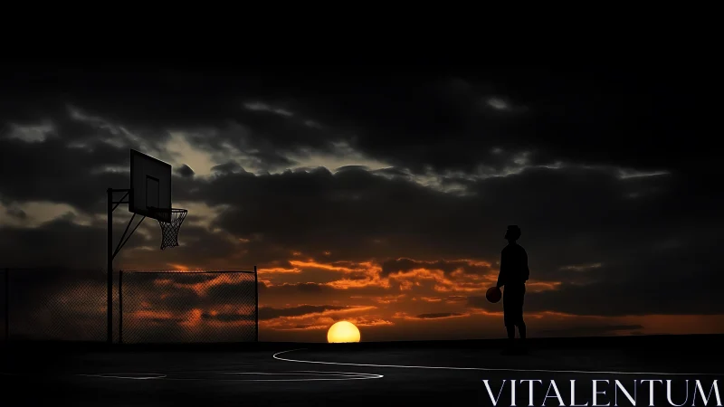 Sunset court silence with a lone dreamer and basketball hoop.
