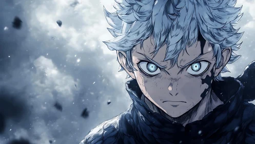 Storm-eyed anime hero stands fierce amid swirling chaos