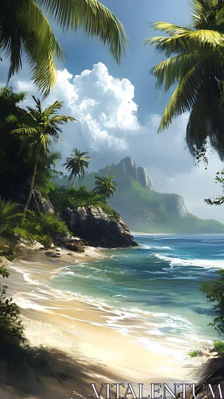 Tropical Paradise Beach Nestled Between Palms and Cliffs