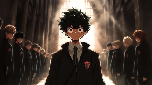 Centralized anime student under volumetric cathedral backlight.