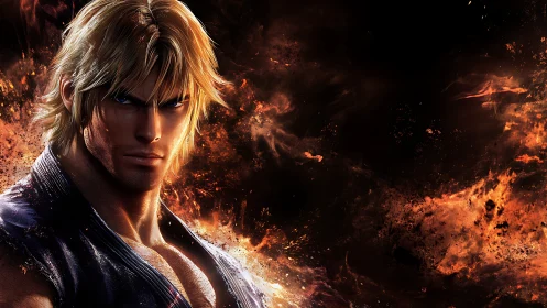 Flame-lit warrior gazes forward with fierce calm focus.