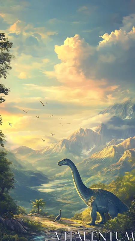 Sunlit sauropods roaming a misty primeval mountain valley.
