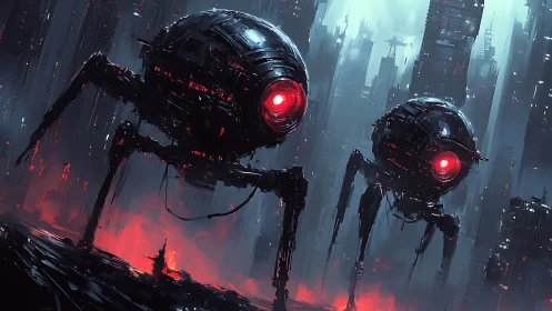 Giant red eyed war drones stalking a ruined dark city.