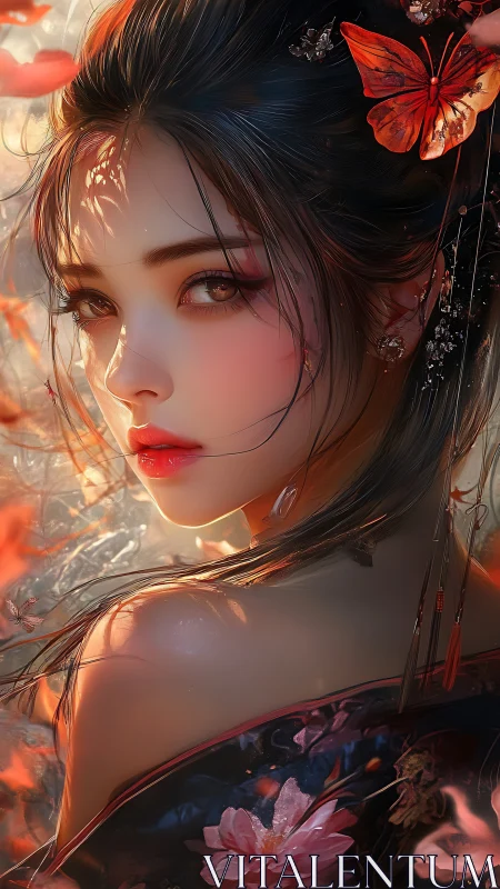 Digital painting portrait with luminous floral accenting and bokeh.