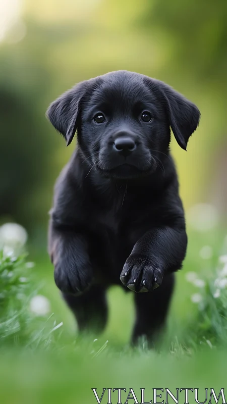 Playful black labrador puppy runs through soft spring meadow