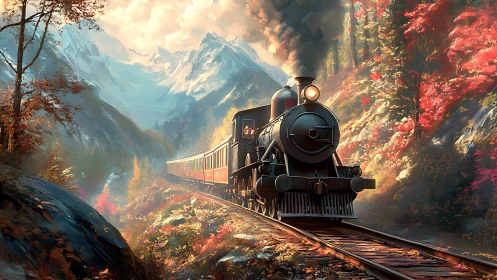 Digital painting of steam train in autumnal alpine valley.