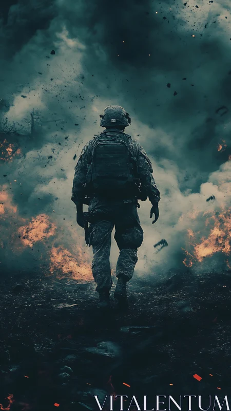 Solitary soldier advancing through smoke and scattered fire.