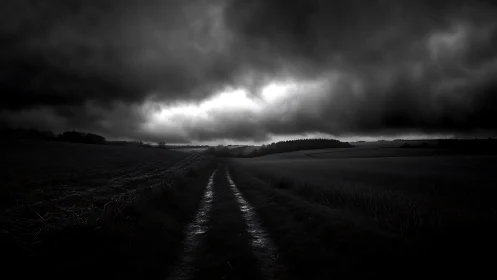 Storm-dark country lane under brooding cloudbreak sky.
