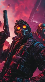 Neon sky rogues stand fearless beneath burning clouds.