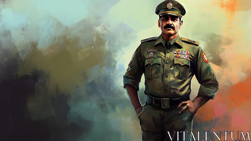 Uniformed officer in decorated military attire standing.