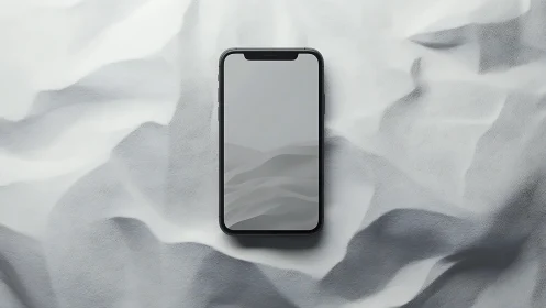 Smartphone with blank screen on crumpled white textile surface.