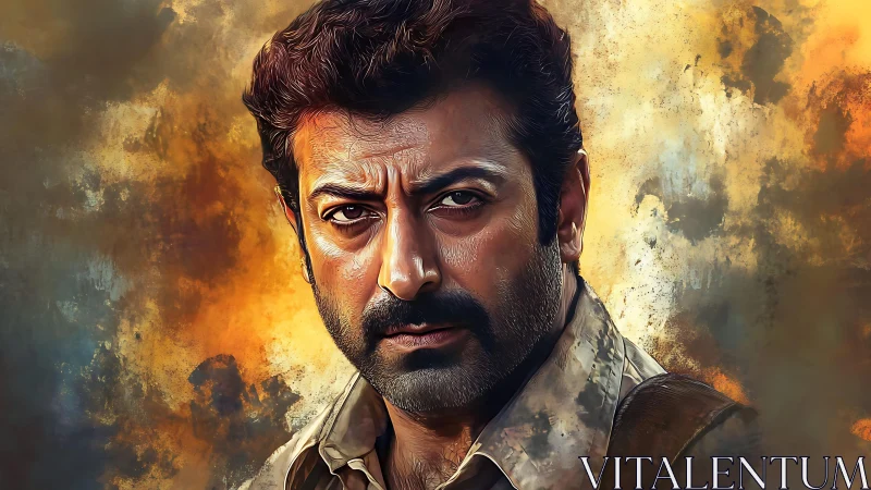 Intense bearded man in textured digital portrait painting.