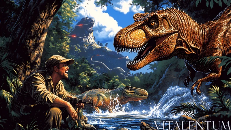 Laughing explorer trading roars with riverbank tyrannosaurs.