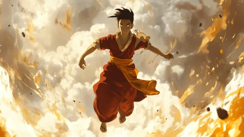 Fire-wreathed airborne warrior in dynamic cloud vortex