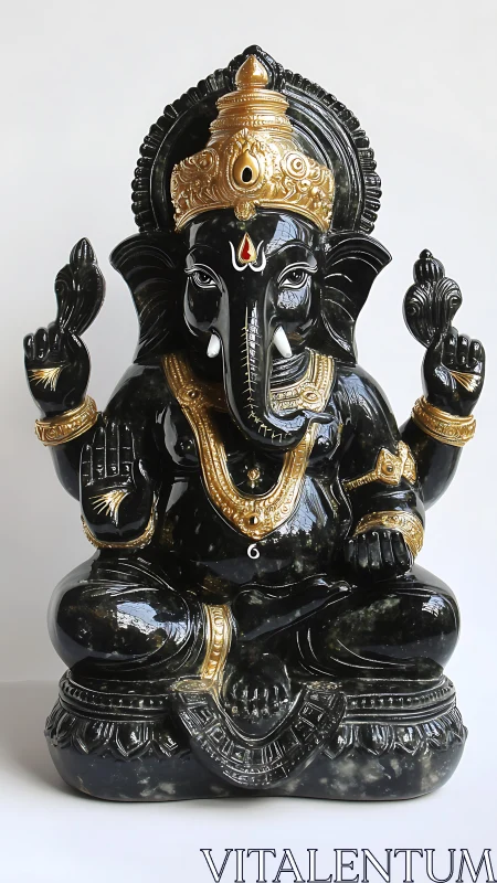 Midnight black Ganesha idol with luminous golden grace.