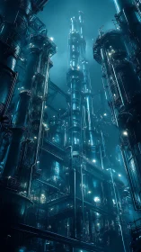 Monolithic cyberpunk refinery towers in neon teal haze.