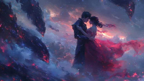 Lovers Embracing in a Breathtaking Sky of Fire and Wonder.