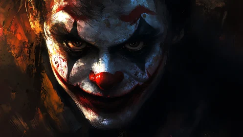 Menacing clown portrait in harsh dramatic lighting.