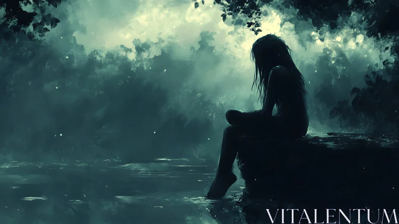 Silhouetted figure seated by shaded forest water edge.