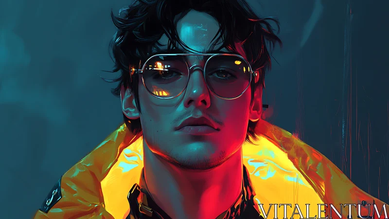 Neon backlit portrait with reflective visor optics and teal ambience.