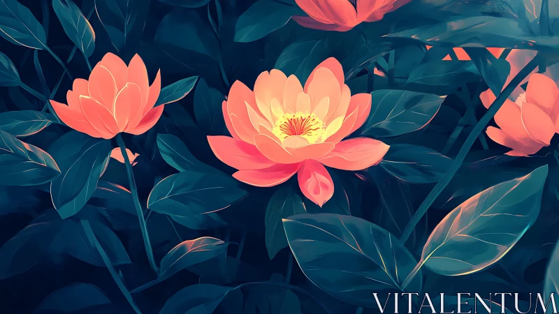 Luminous Coral Peonies Blooming in Deep Teal Garden