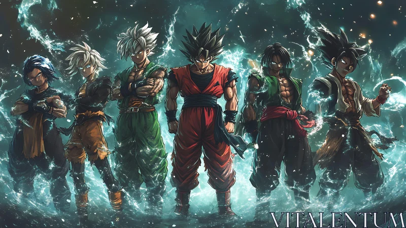 Row of energized anime warriors framed by turbulent aqua energy arcs