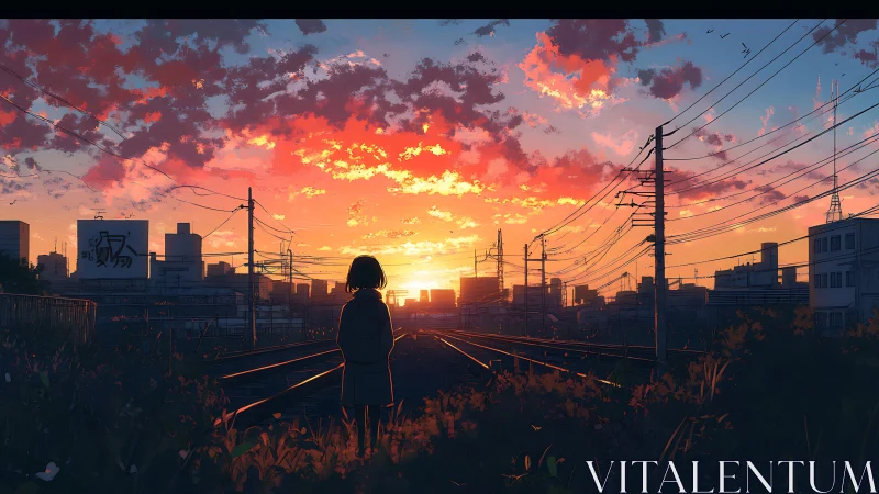 Silhouetted student watches blazing city sunset over tracks