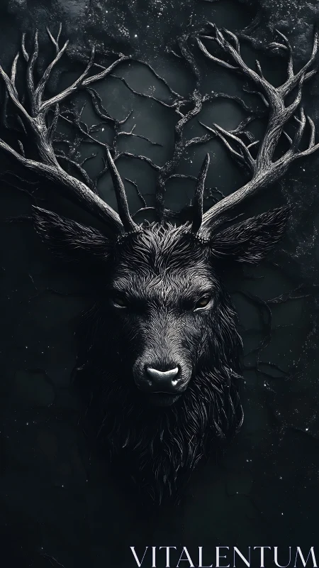 Nocturnal stag effigy merges antlers with branching voids