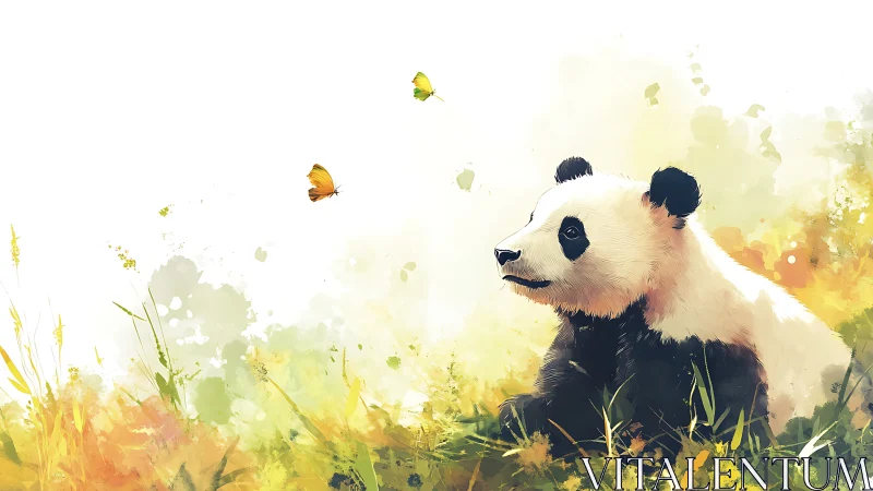 Watercolor panda cub watching butterflies in meadow.