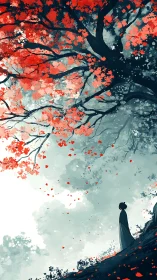 Solitary figure beneath crimson canopy in misted grove.