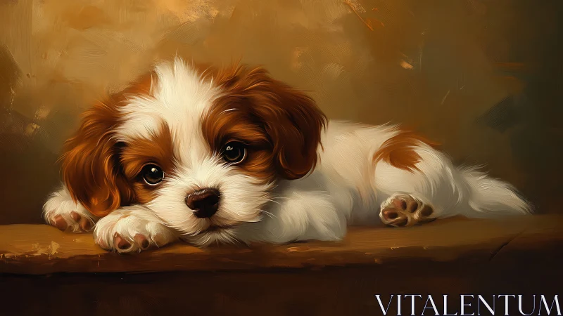 Resting Cavalier puppy portrait in warm painterly lighting