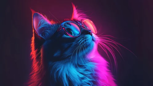 Neon lit cat in sunglasses under vivid colored lights.