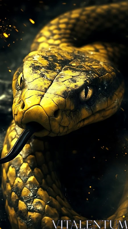 Molten-scaled serpent coiled in ember-lit shadowed vigilance.