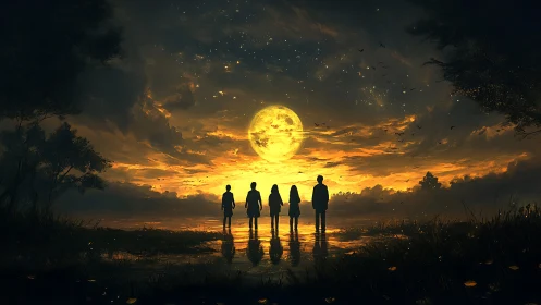 Silhouetted figures stand before oversized golden moon at dusk