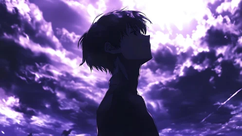 Midnight skywatcher pausing beneath a storm of violet clouds.