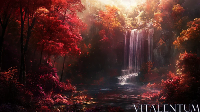 Luminous Waterfall in Crimson Forest with Ethereal Autumn Glow