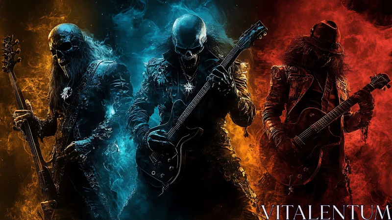 Fiery skull rock trio riding waves of blue, red and gold smoke.