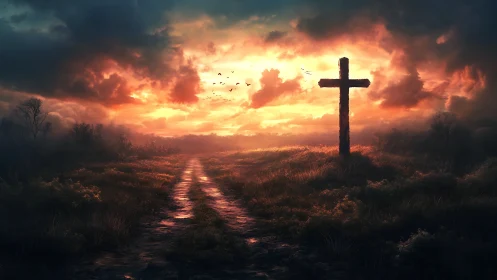 Sunlit cross crowns stormy path through glowing dusk sky.