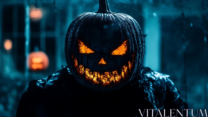 Sinister jack-o-lantern figure under cold cinematic lighting