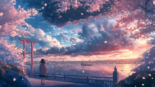 Twilight shoreline with torii gate, cherry blossoms and drifting petals