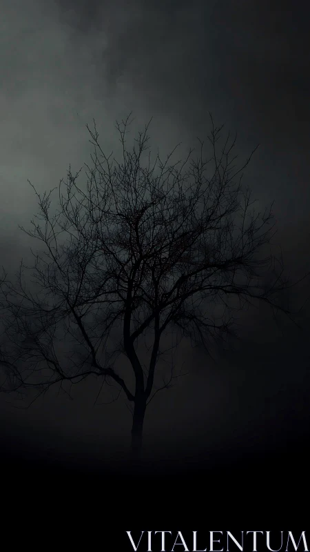 Solitary bare tree rises through dense night fog