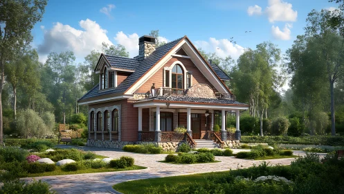 Cozy country cottage stands amid lush landscaped garden