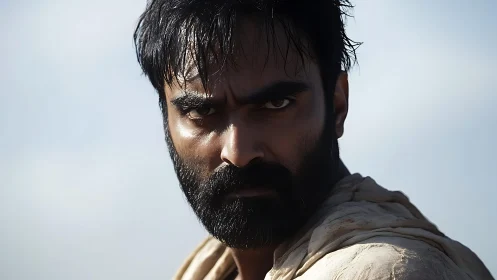 Bearded man stares intensely into camera with harsh lighting